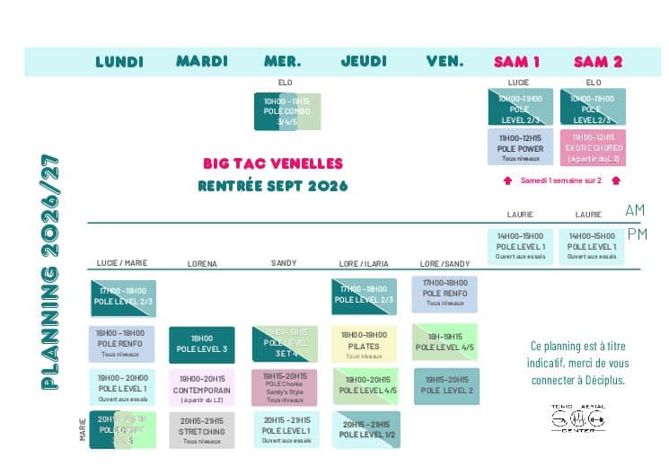 Planning & Tarifs - Planning Venelles Sept 2026 pdf 1 - Tonic & Aerial Center - Ton école de pole dance à Aix-en-Provence et Venelles